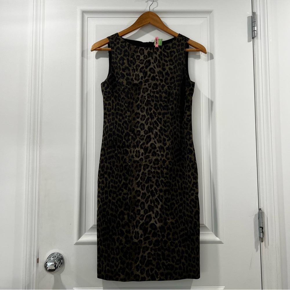 Ann Taylor olive green/brown classic cheetah print work dress. SIZE 0